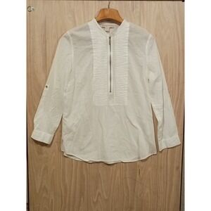 Michael Kors White Pleated Tunic Top Gold Tone Half Zip Neckline Size 10